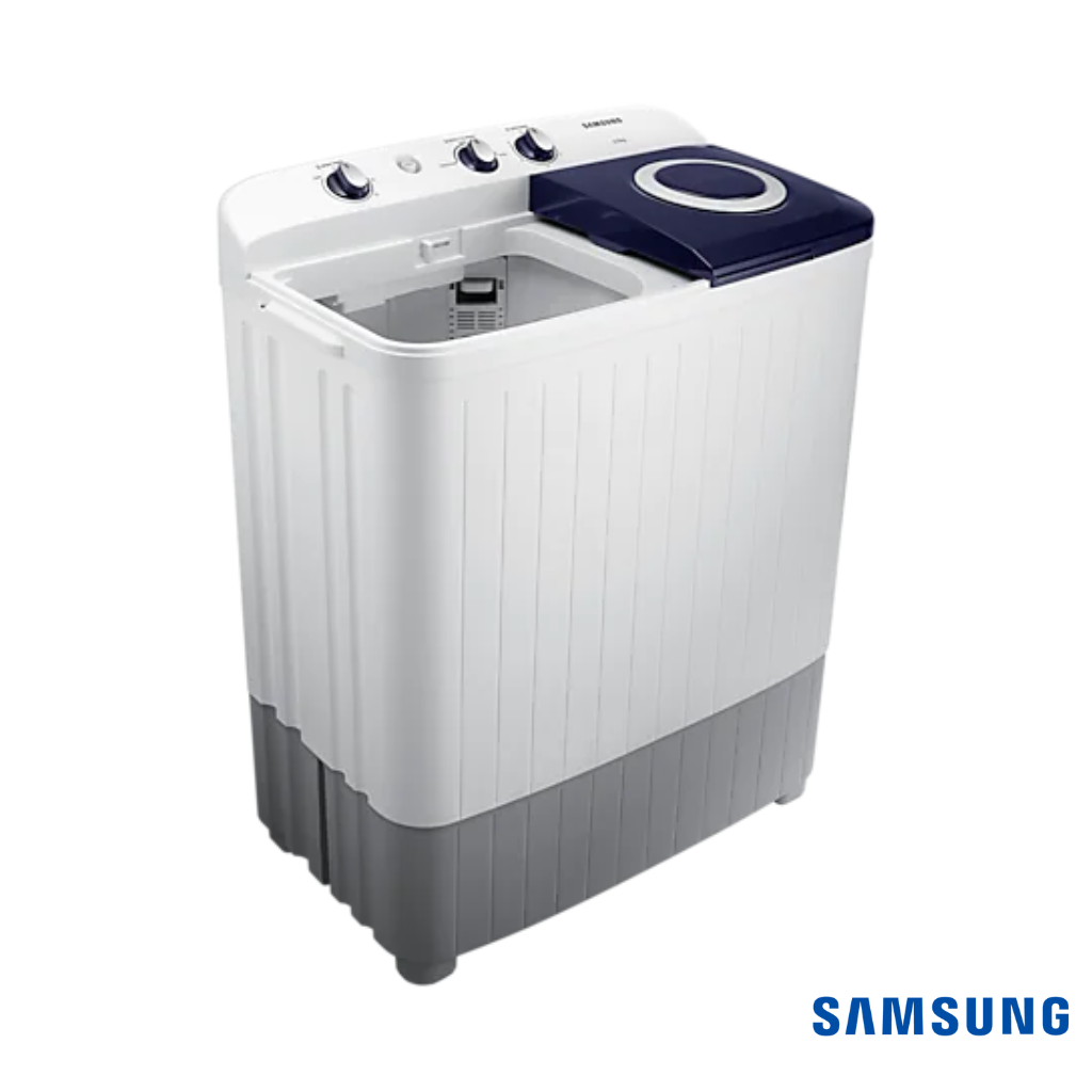 Samsung 6.5 Kg Semi Automatic Washing Machine with Double Storm Pulsator(Blue, WT65R2000HL) Front Angle View with Wash Lid Open