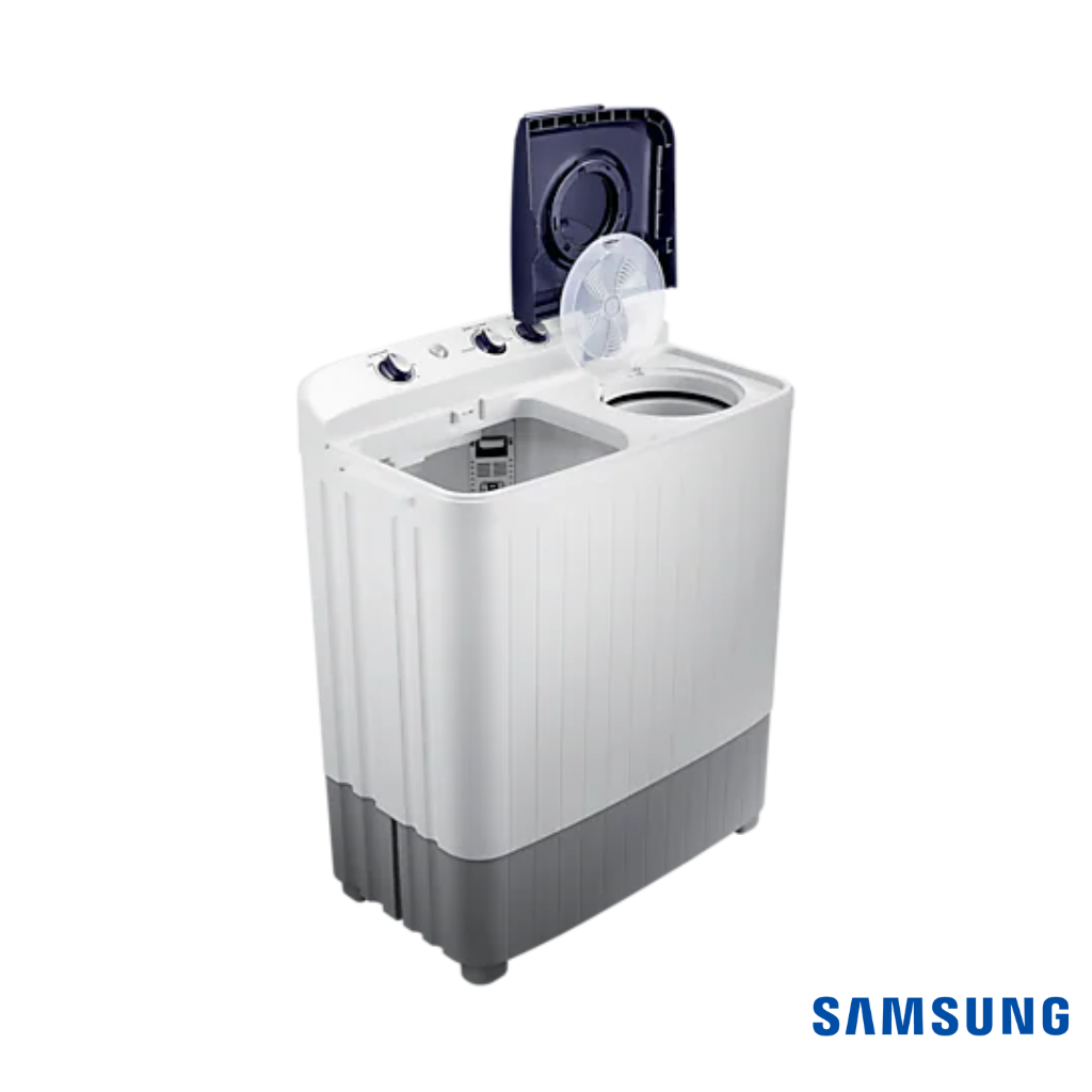 Samsung 6.5 Kg Semi Automatic Washing Machine with Double Storm Pulsator(Blue, WT65R2000HL) Front Angle View with both Lids Open