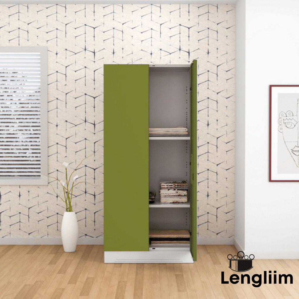 Godrej Interio Slimline 2 Door Almirah (2 Shelves, Textured Green Leaf) Front Half Door Open View