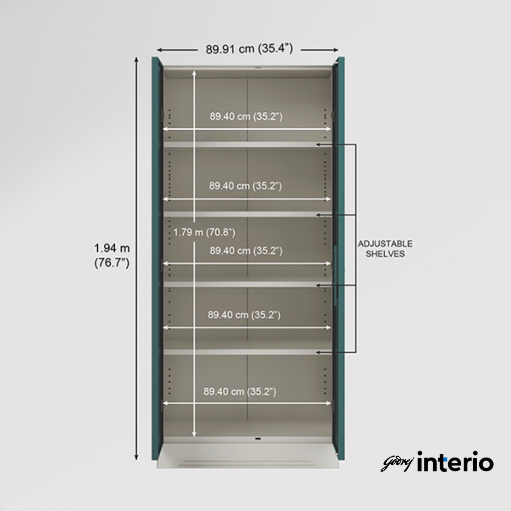Godrej Interio Slimline 2 Door Almirah (4 Shelves, Textured Sea Pine) Interior Dimensions
