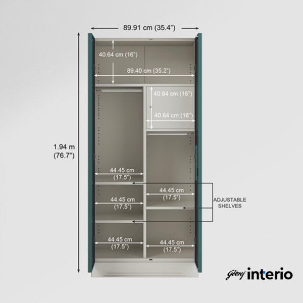 Godrej Interio Slimline 2 Door Almirah (Locker, Textured Sea Pine) Interior Dimensions