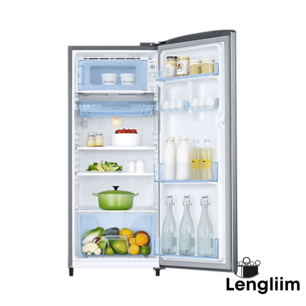 Samsung 183 Liters 2 Star Single Door Fridge (Inox, RR20C2712S8) Front Open Door View with products