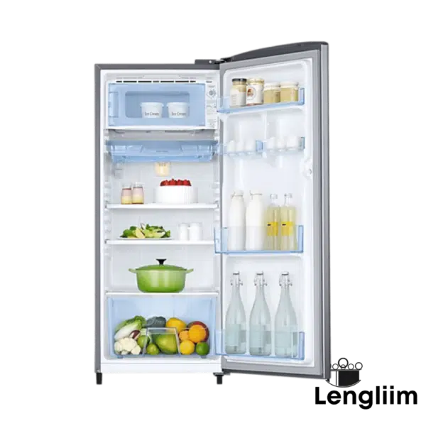Samsung 183 Liters 2 Star Single Door Fridge (Inox, RR20C2712S8) Front Open Door View with products