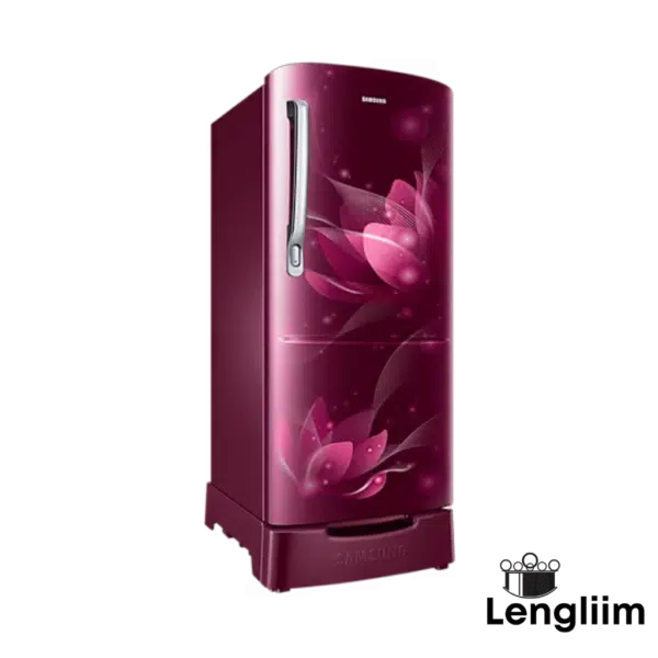 Samsung 183 Liters 2 Star Single Door Fridge (Base Stand, Blooming Saffron Red, RR20C2812R8) Front Left Angle View