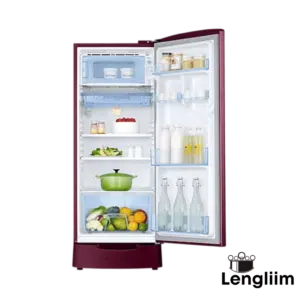 Samsung 183 Liters 2 Star Single Door Fridge (Base Stand, Blooming Saffron Red, RR20C2812R8) Front Open Door View with snacks