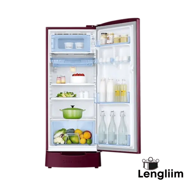Samsung 183 Liters 2 Star Single Door Fridge (Base Stand, Blooming Saffron Red, RR20C2812R8) Front Open Door View with snacks