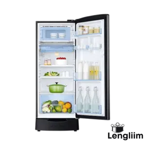 Samsung 183L 3 Star Single Door Fridge (Base Stand, Camellia Black, RR20C2823CB) Door Open View with products
