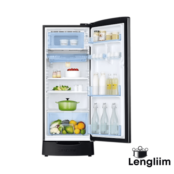 Samsung 183L 3 Star Single Door Fridge (Base Stand, Camellia Black, RR20C2823CB) Door Open View with products