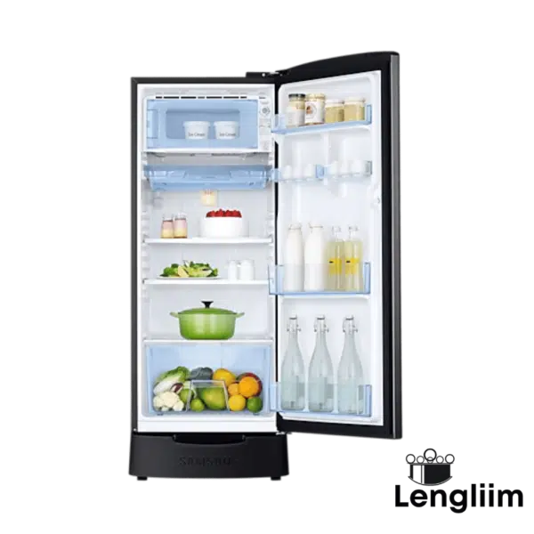 Samsung 183L 3 Star Single Door Fridge (Base Stand, Camellia Black, RR20C2823CB) Door Open View with products