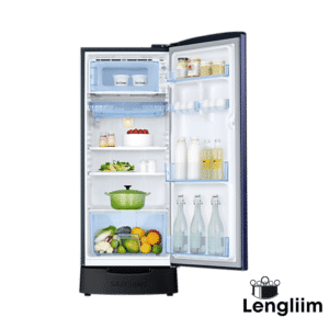 Samsung 183 Liters 3 Star Single Door Fridge (Base Stand, Urban Tropical Blue, RR20C2823VB) Door Open View with products