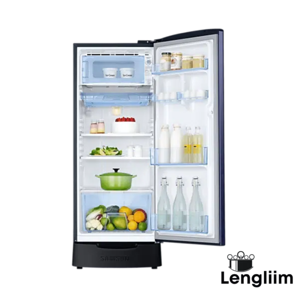 Samsung 183 Liters 3 Star Single Door Fridge (Base Stand, Urban Tropical Blue, RR20C2823VB) Door Open View with products