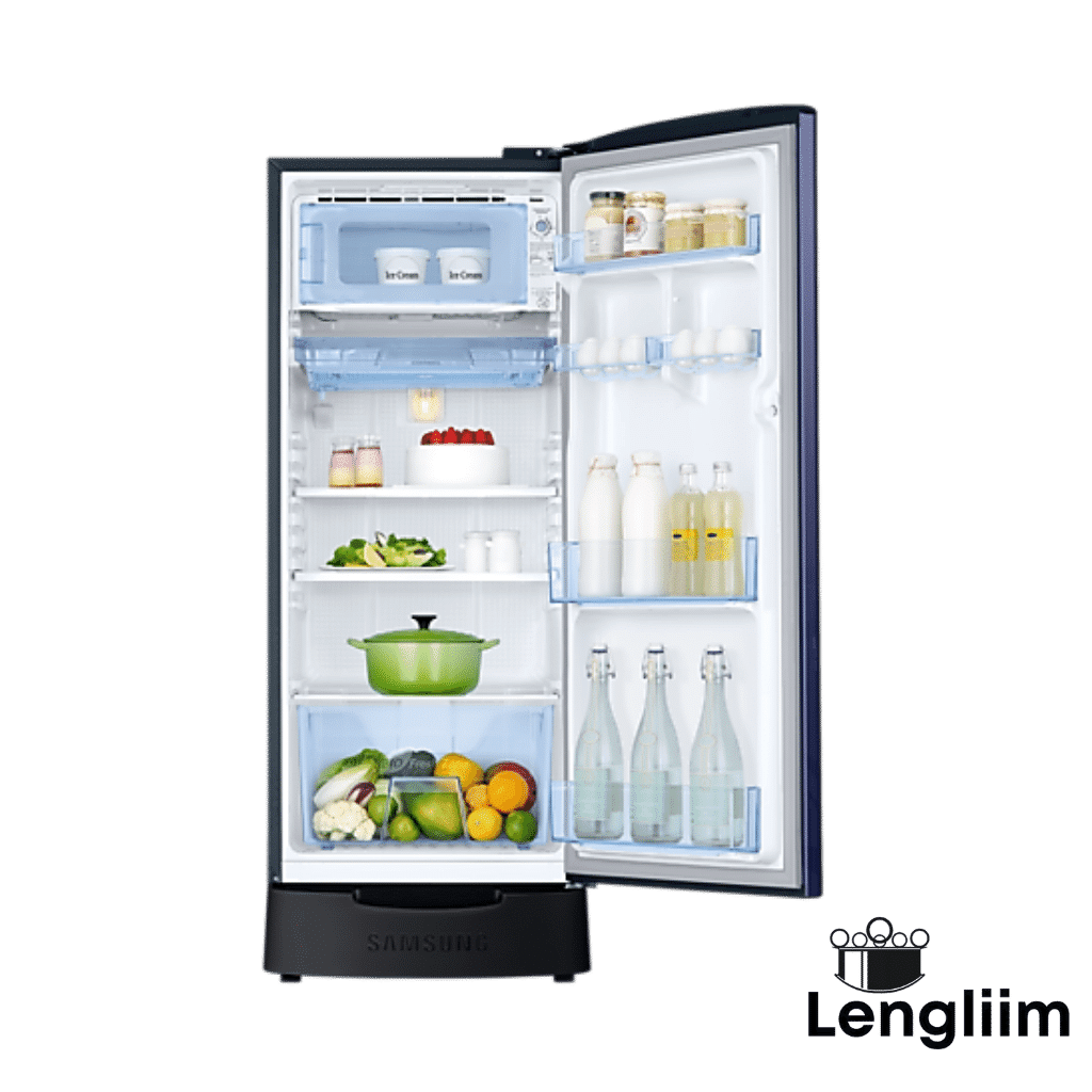 Samsung 183 Liters 3 Star Single Door Fridge (Base Stand, Urban Tropical Blue, RR20C2823VB) Door Open View with products