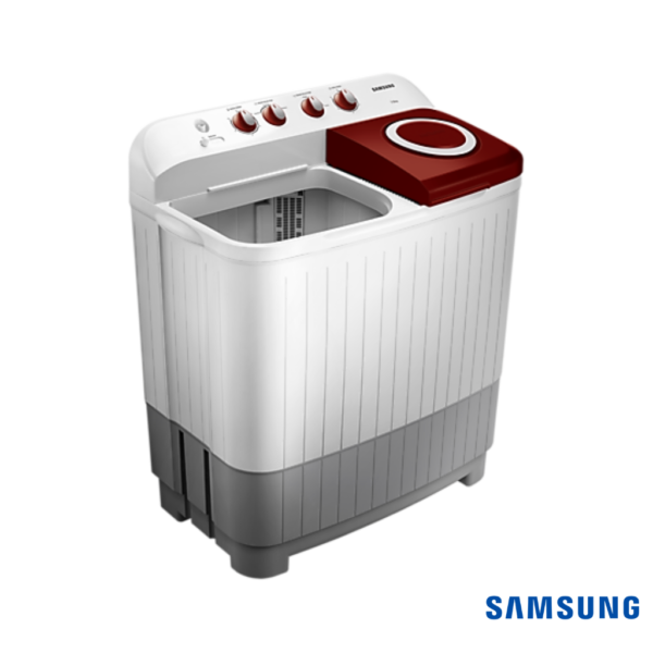 Samsung 7 Kg Semi-Automatic Washing Machine (Wine Red Lid, WT70M3000HP) Front Angle View with Wash Lid Open