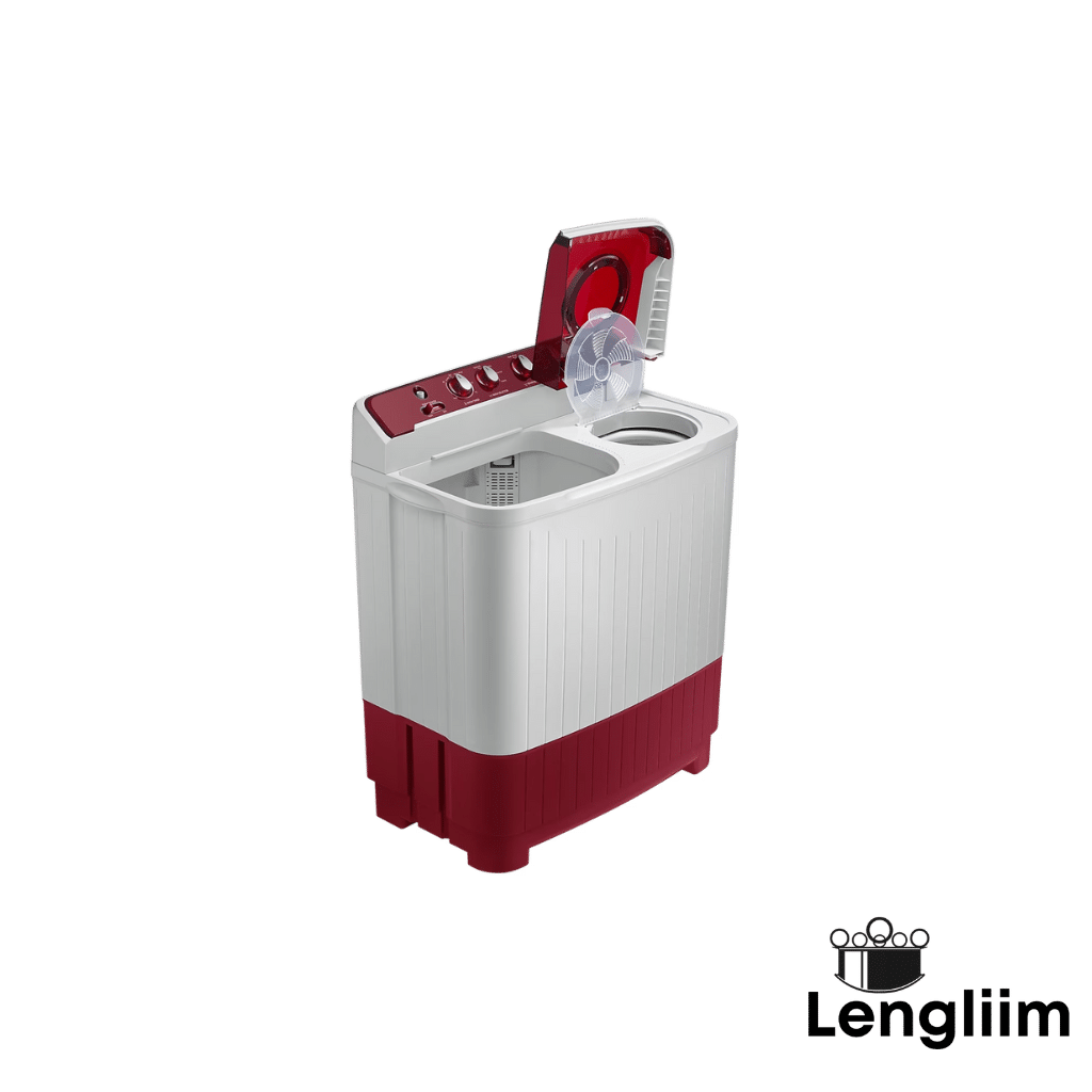 Samsung 7.5 Kg Semi-Automatic Washing Machine (Red Base, WT75B3200RR) Front Angle Lids Open View