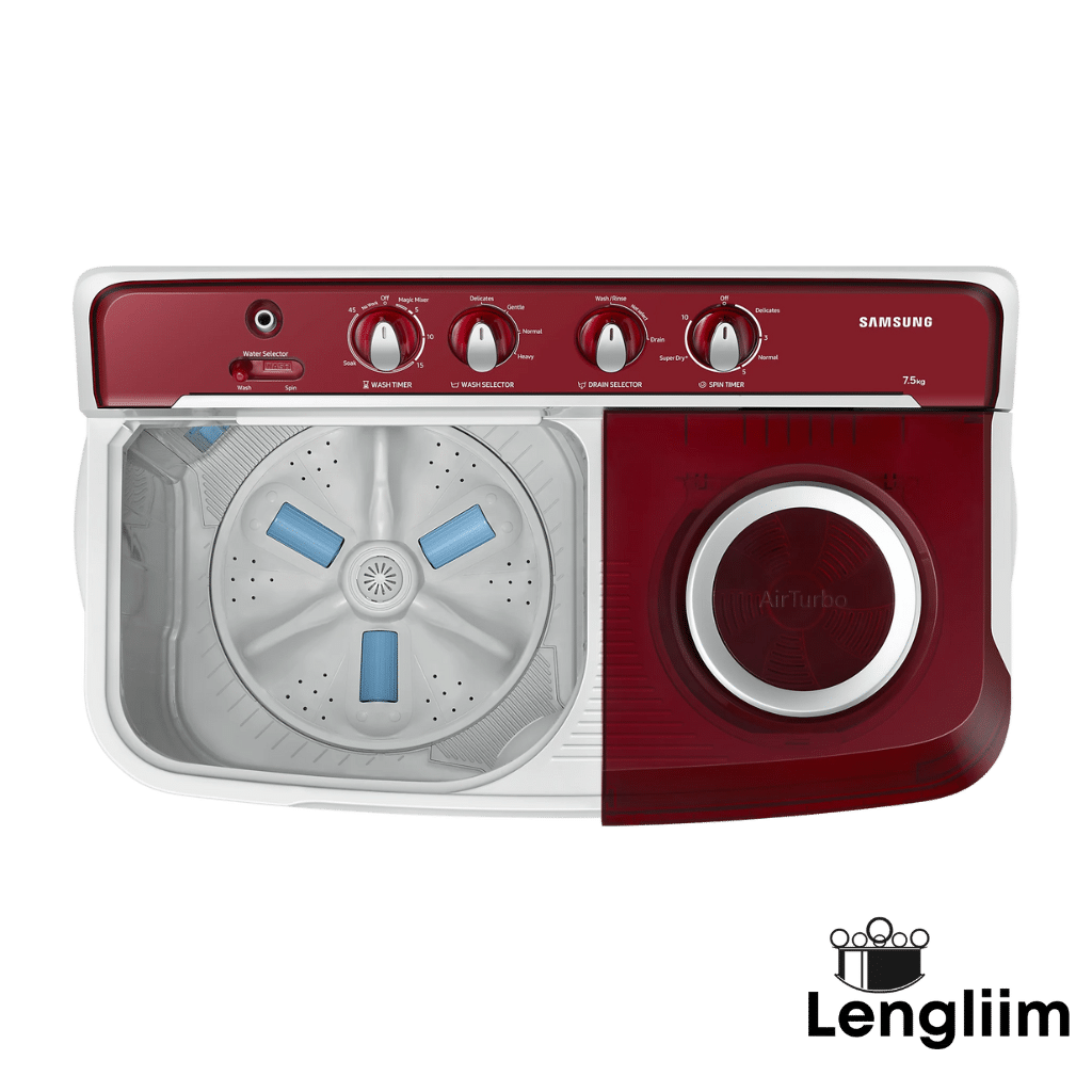 Samsung 7.5 Kg Semi-Automatic Washing Machine (Red Base, WT75B3200RR) Front Angle Top View