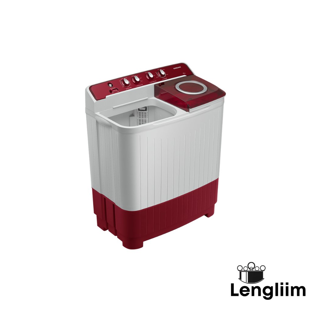 Samsung 7.5 Kg Semi-Automatic Washing Machine (Red Base, WT75B3200RR) Front Angle Lid Open View