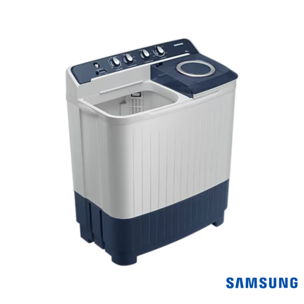 Samsung 9.5 Kg Semi-Automatic Washing Machine (Blue Lid, WT95A4200LL) Front Angle View with Wash Lid Open