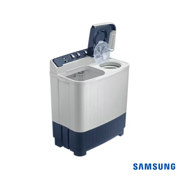 Samsung 9.5 Kg Semi-Automatic Washing Machine (Blue Lid, WT95A4200LL) Front Angle View with Lids Open