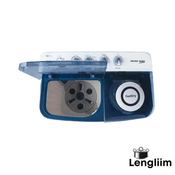 Voltas Beko 7.5 Kg Semi-Automatic Washing Machine (Sky Blue, WTT75DBLT) Top View with Wash Lid Open