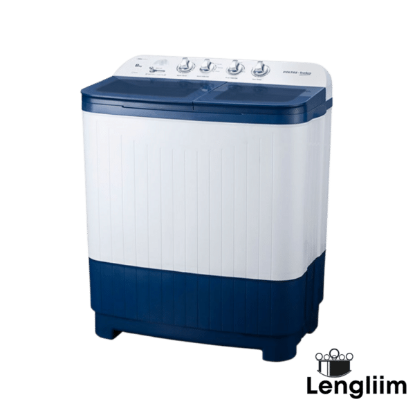 Voltas Beko 8 Kg Semi-Automatic Washing Machine (Sky Blue, Glass Lid, WTT80DBLG) Front Angle View