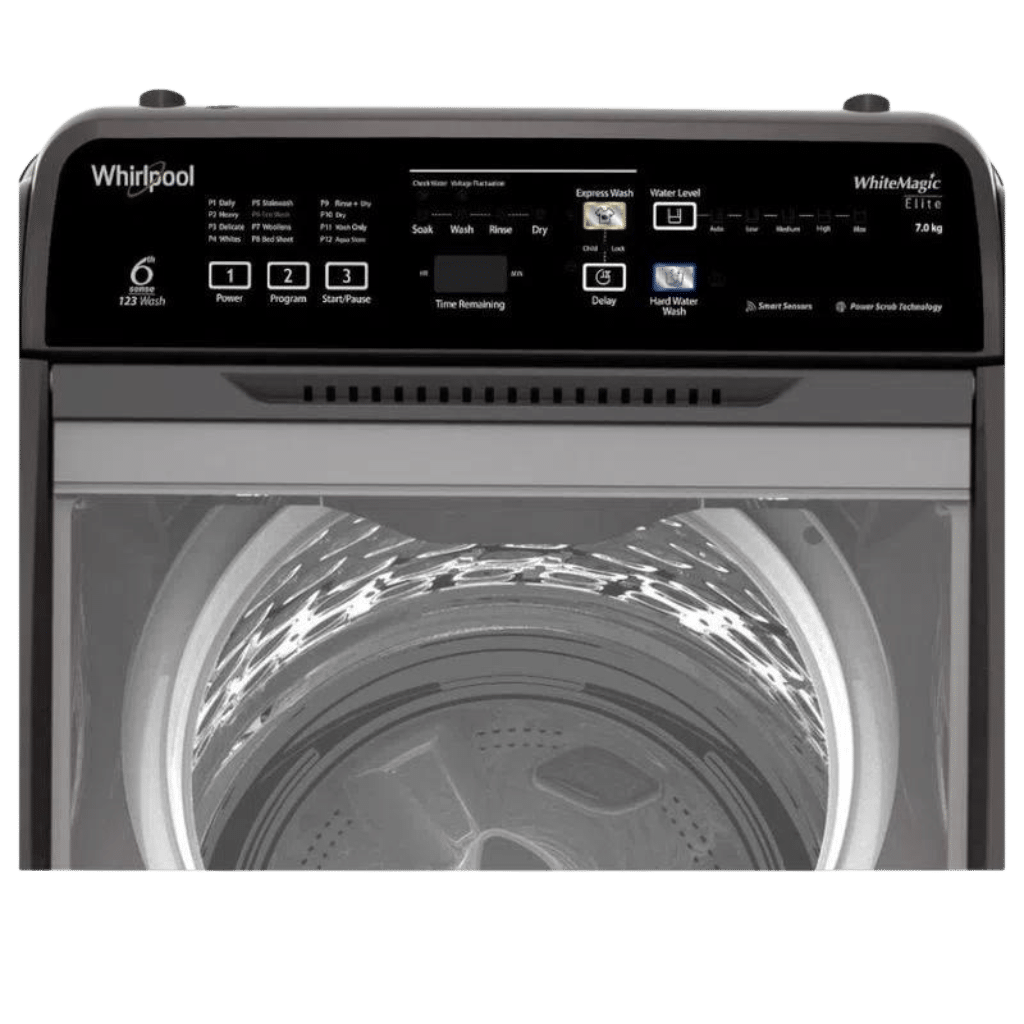 Whirlpool 7 Kg Fully Automatic Top Load Washing Machine (Grey, 31312) Top View Control Panel