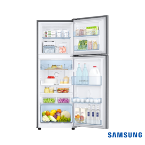 Samsung 253 Liters 2 Star Frost-Free Double Door Fridge (Elegant Inox, RT28T3042S8) Front View Door Open filled with props