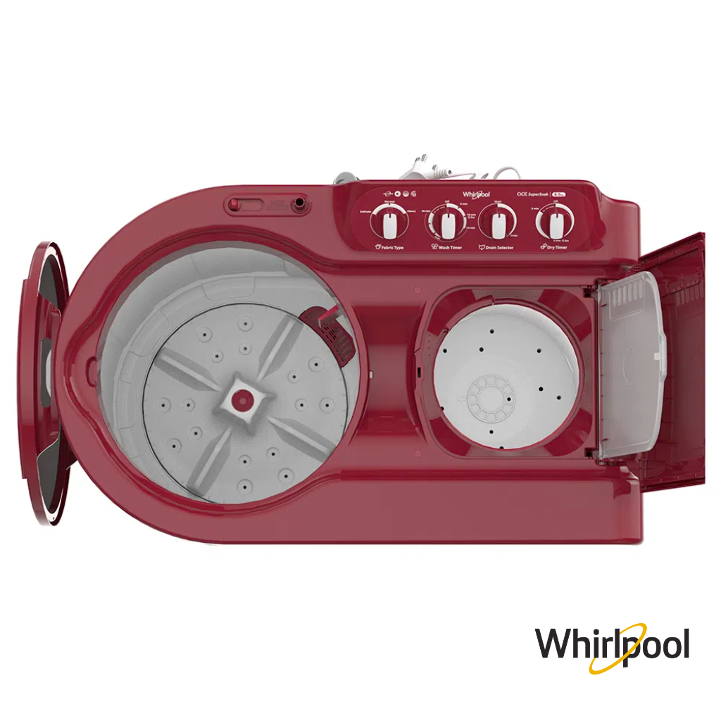 Whirlpool 8 Kg Ace Super Soak Semi-Automatic Washing Machine (Coral Red, 30275) Top View with Open Lids