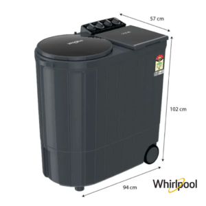 Whirlpool 10 Kg Ace XL Semi-Automatic Washing Machine (Graphite Grey, 30277) Front Angle View with Dimensions