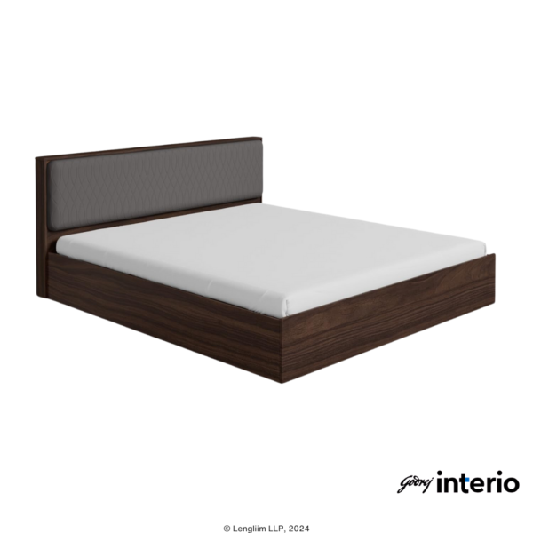 Godrej Interio Eden King Size Bed (Pull-Out Storage, Dark Walnut) Front Angle View with Mattress