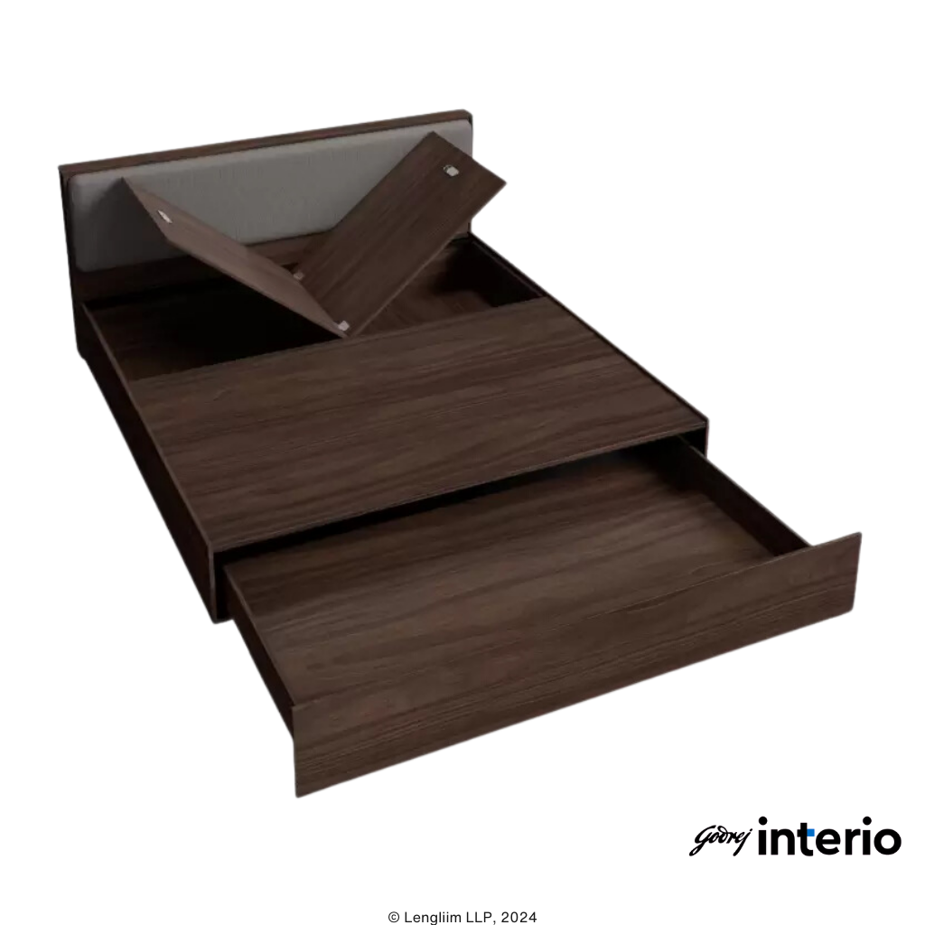Godrej Interio Eden King Size Bed (Pull-Out Storage, Dark Walnut) Angle View with Storages Open