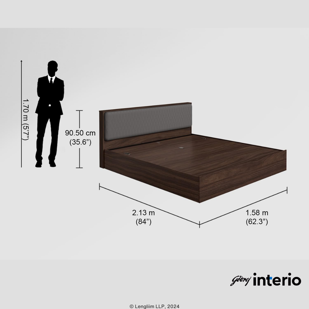 Godrej Interio Eden King Size Bed (Pull-Out Storage, Dark Walnut) Dimensions View
