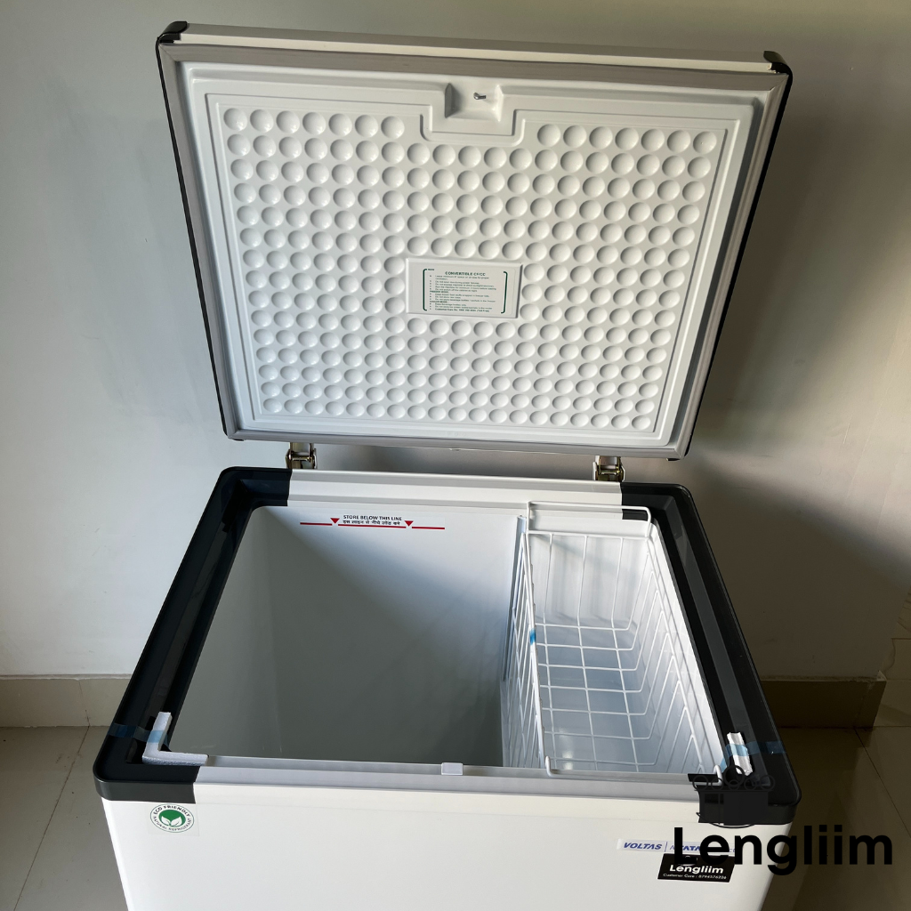 Voltas 150 Liters Hard Top Freezer (Convertible, CF HT 150 SD A Con Gry) Front Top View with Lids Open
