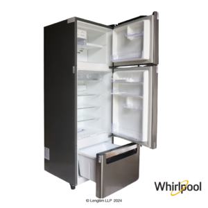 Whirlpool 210 Liters Triple Door Fridge (Alpha Steel, 20807) Front Angle View with Doors Open