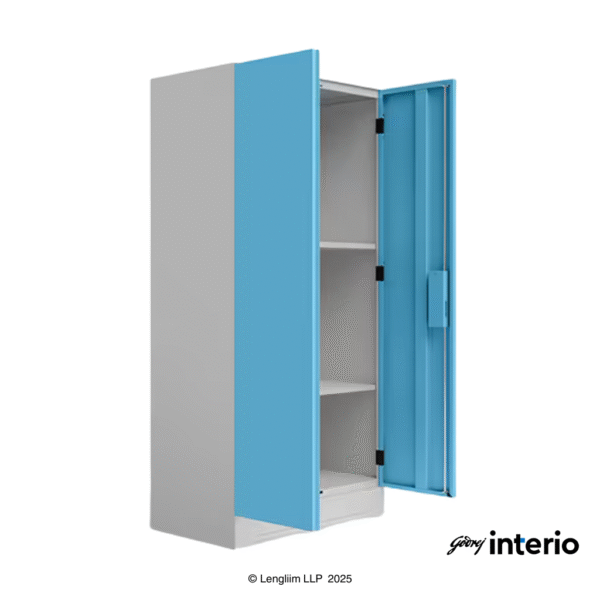 Godrej Interio Slimline 2 Door Almirah (4 Shelves, Textured Milky Blue) Front Angle View with Doors Open