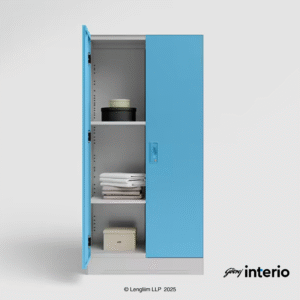 Godrej Interio Slimline 2 Door Almirah (4 Shelves, Textured Milky Blue) Front View with Left Door Open