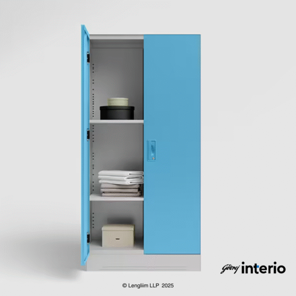 Godrej Interio Slimline 2 Door Almirah (4 Shelves, Textured Milky Blue) Front View with Left Door Open
