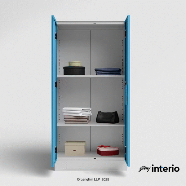 Godrej Interio Slimline 2 Door Almirah (4 Shelves, Textured Milky Blue) Internal Configuration with Props
