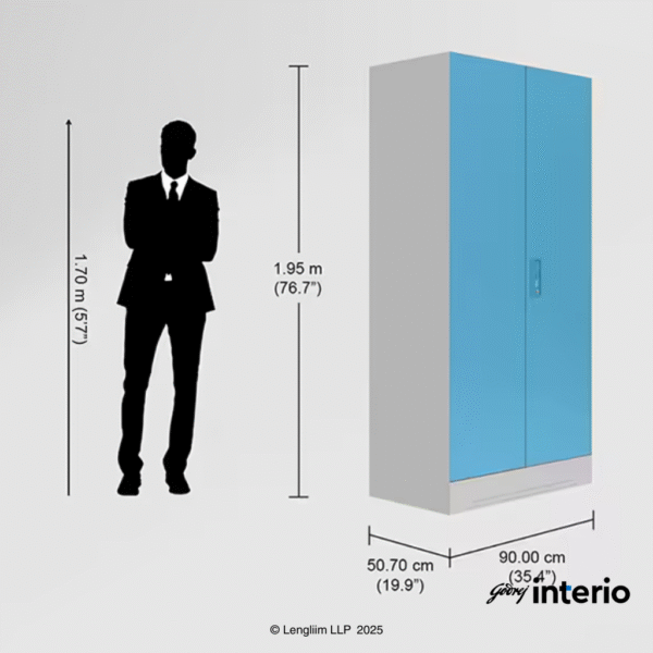 Godrej Interio Slimline 2 Door Almirah (4 Shelves, Textured Milky Blue) Dimensions