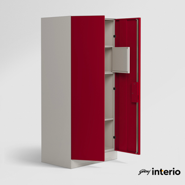 Godrej Interio Slimline 2 Door Almirah (Locker, Textured Ceremi Red) Front Anlge View with Doors and Locker Open