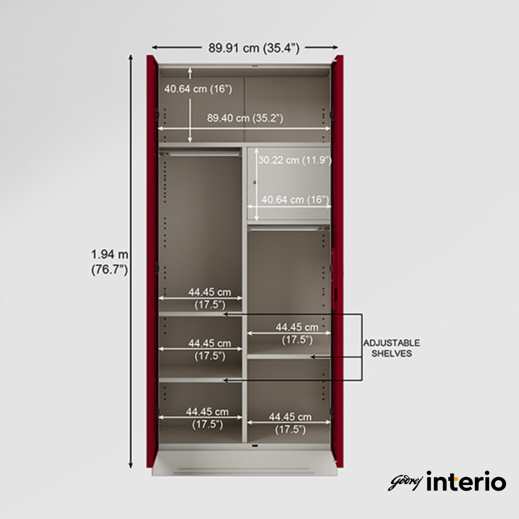 Godrej Interio Slimline 2 Door Almirah (Locker, Textured Ceremi Red) Interior Dimensions
