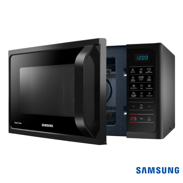 Samsung 28 Liters SlimFry™ Convection Microwave Oven (Black, MC28A5033CK) Front Angle View with Door Open