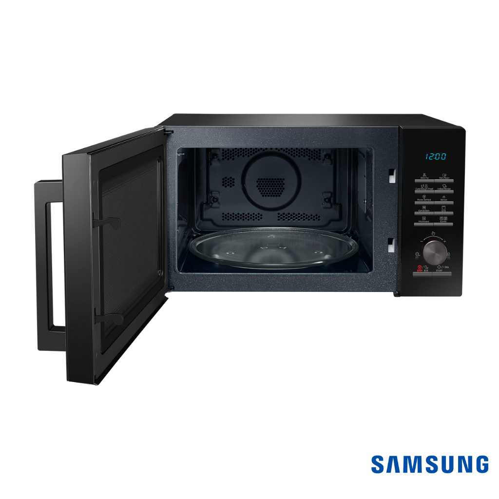 Samsung 28 Liters SlimFry™ Moisture Sensor Convection Microwave Oven (Black, MC28A5145VK) Front View with Door Open