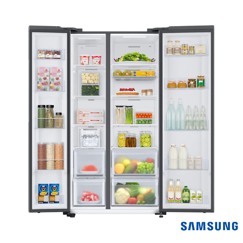 Samsung 653L BESPOKE Convertible Side by Side Fridge (Glam Deep Charcoal, RS76CB811333) Front View with Doors Open filled with items