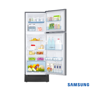 Samsung 236 Liters Base Stand Drawer Double Door Fridge (Bouquet Silver, RT28C3832QB) Front View with Door Open filled with items