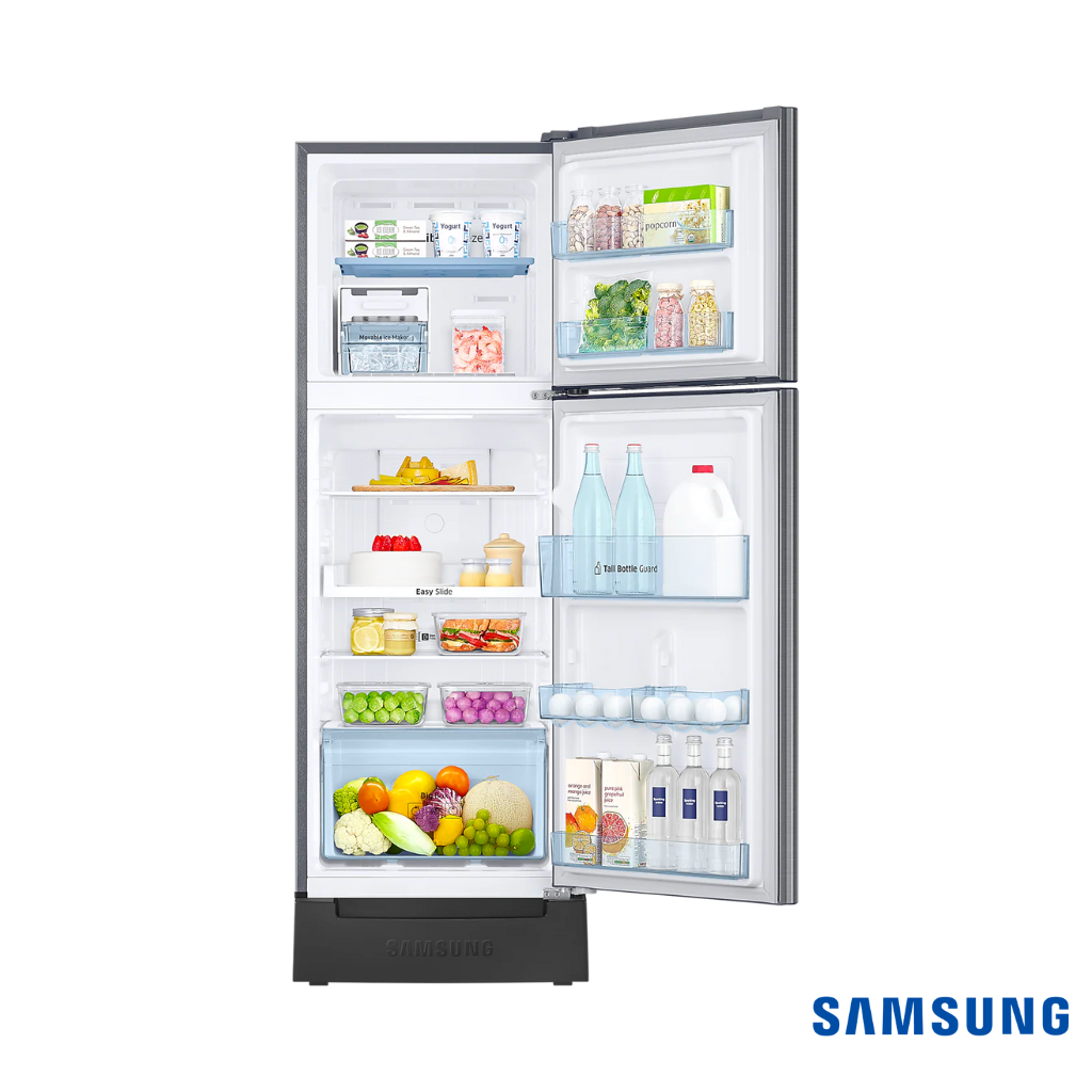 Samsung 236 Liters Base Stand Drawer Double Door Fridge (Bouquet Silver, RT28C3832QB) Front View with Door Open filled with items