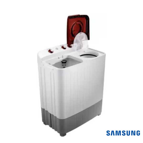 Samsung 6.5 Kg Semi Automatic with Double Storm Pulsator (Red Lid, WT65R2000HR) Front Angle View with Both Lids Open