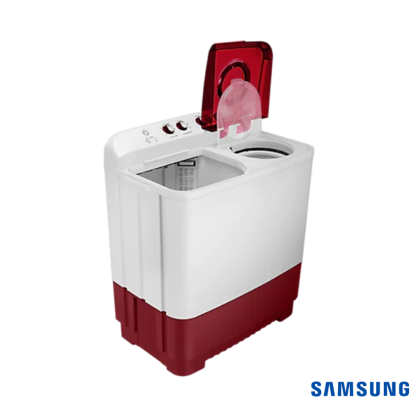 Samsung 9.5 Kg Semi Automatic Washing Machine (Wine Red, WT95A4200RR) Front Angle View with Lids Open