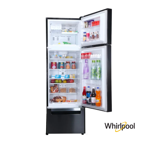 Whirlpool 330 Liters Protton Triple Door Fridge (Steel Onyx, 21147) Front View with Door Open with props