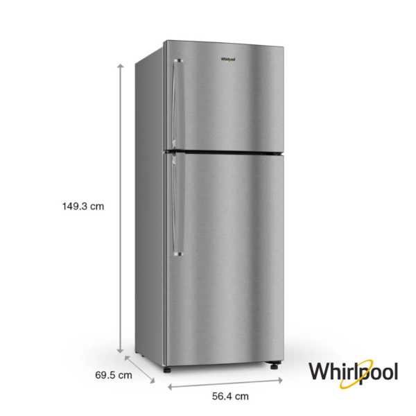 Whirlpool 212 Liters 1 Star Classic Plus Double Door Fridge (Athena Steel, 21662) Front Angle View with Dimensions