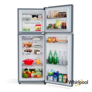 Whirlpool 212 Liters 1 Star Classic Plus Double Door Fridge (Athena Steel, 21662) Front View with Doors Open with props